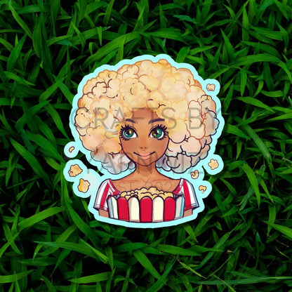 a sticker of a woman with curly hair