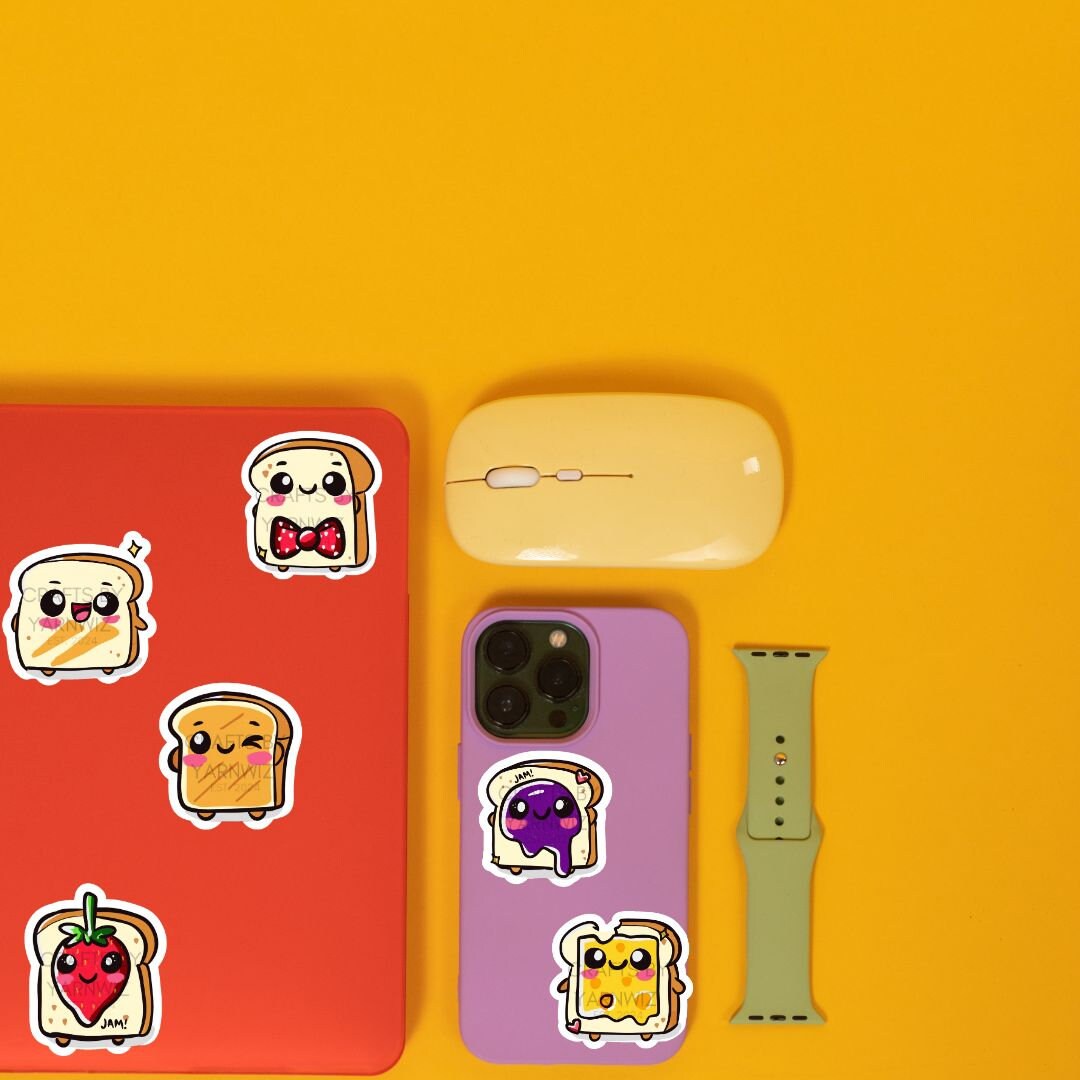 a phone case with stickers on it next to a computer mouse