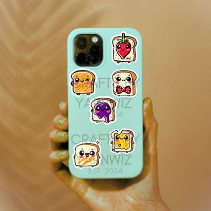 a person holding a phone case with stickers on it